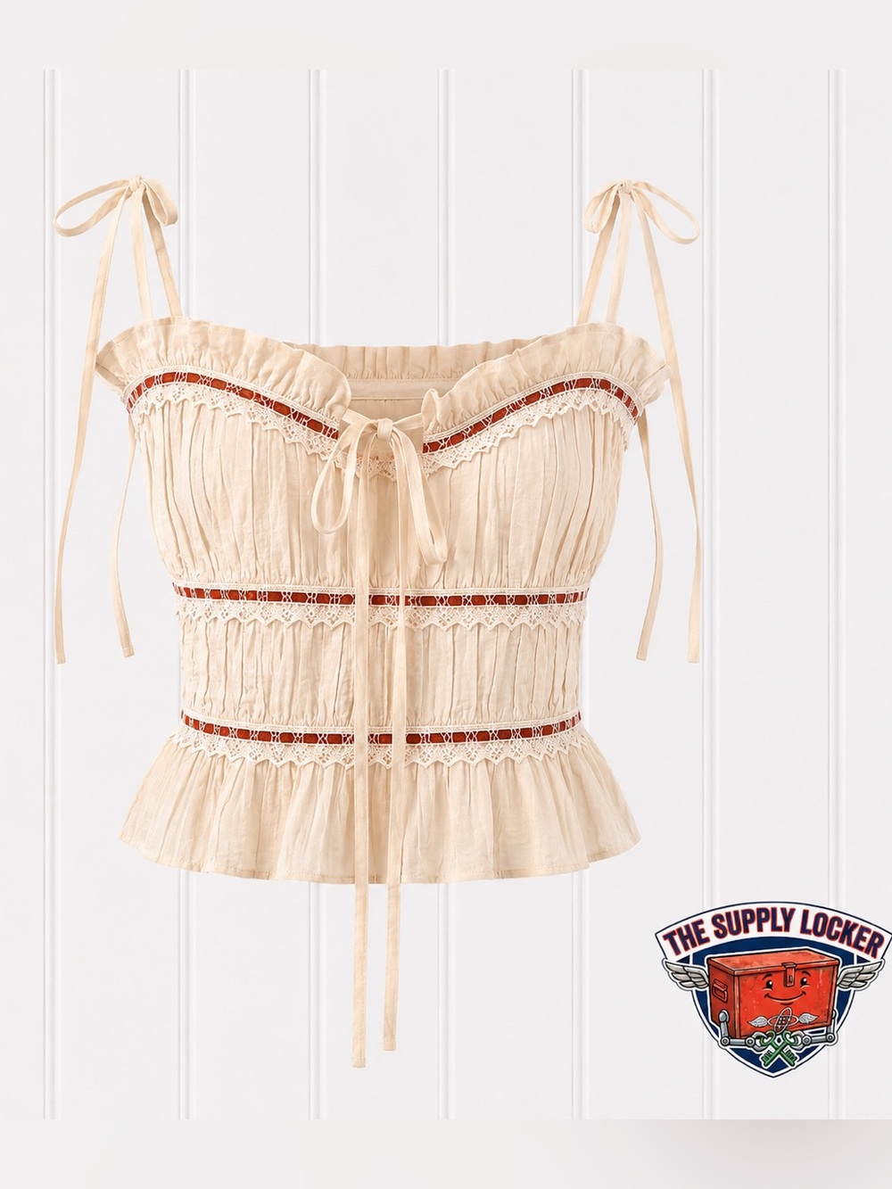Thirty/Thirty LA XS Cream Lace Tie Strap Peplum Corset Crop Top NWOT